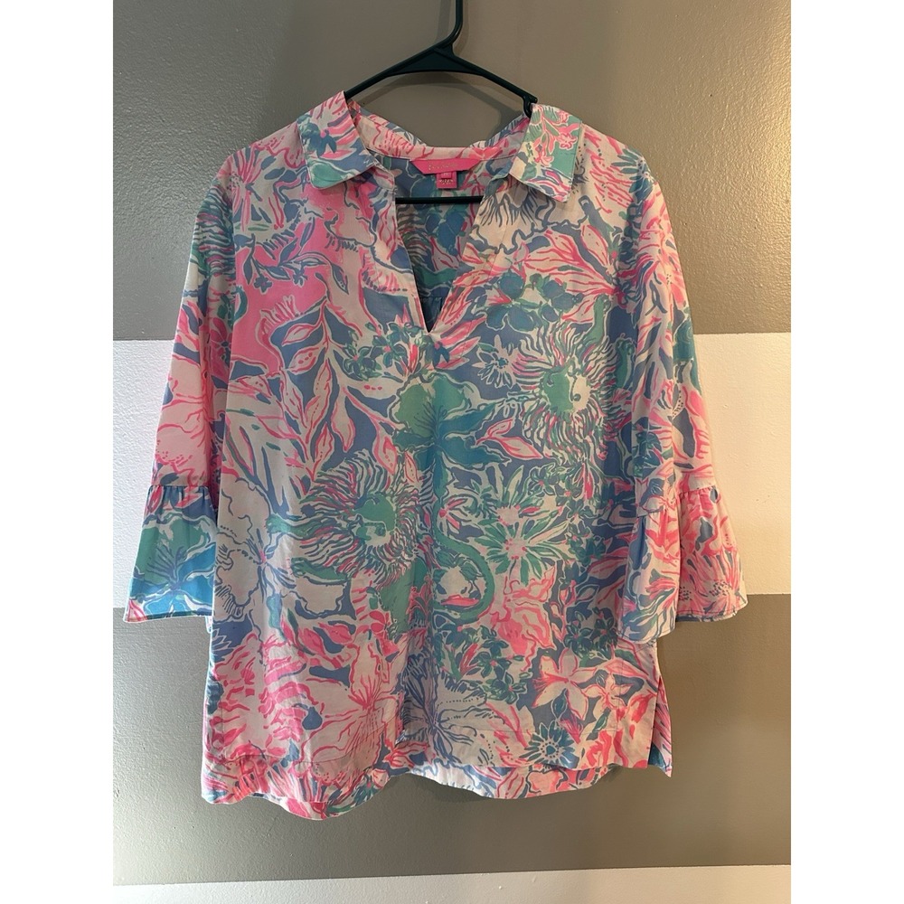 Lilly Pulitzer Top Pink Blue Ginger Top Viva La Lilly Bell Sleeve Stretch sz m